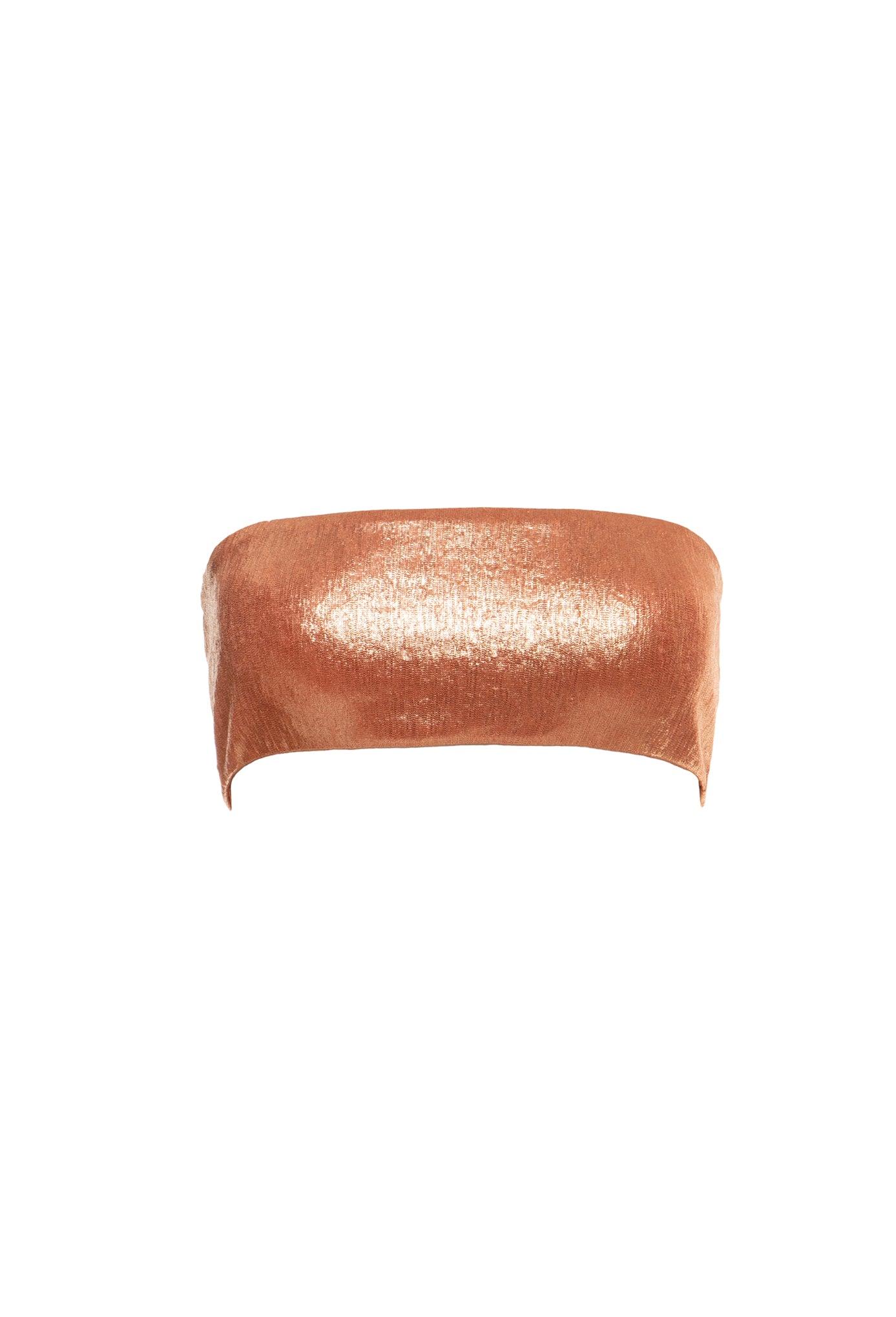 A metallic coral crop top with a shimmering foil finish and a bustier shape.